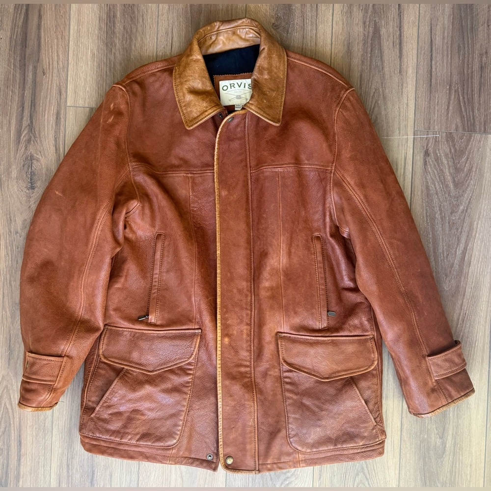 Vintage Orvis Leather Jacket Mens 44 Brown Chorn Barn Wool Cashmere Lined